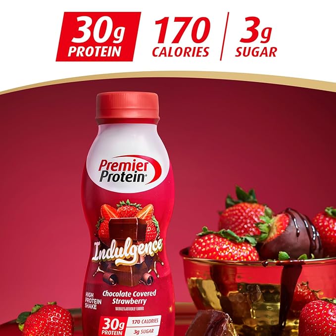Premier Protein Shake INDULGENCE Chocolate Covered Strawberry 30g Protein 170 Calories 3g Sugar 11.5 fl oz 12 Pack (Packaging May Vary)