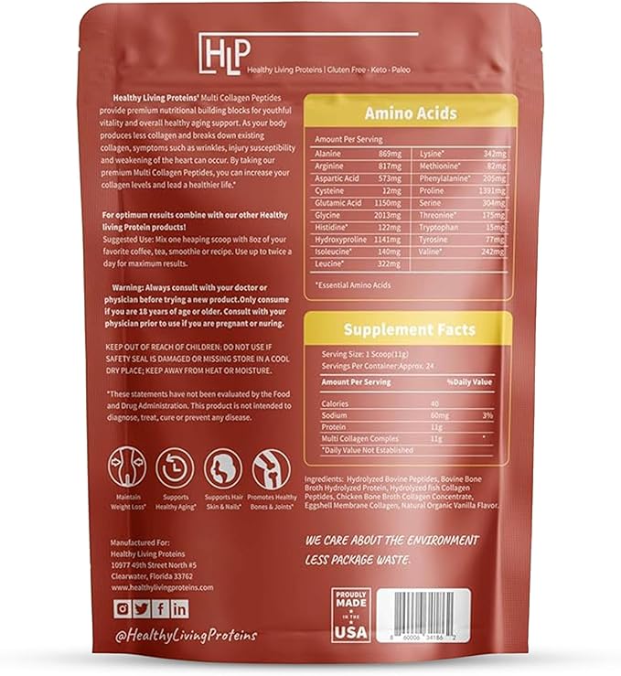 Healthy Living Proteins - Hydrolyzed Multi Collagen Peptides Powder Types I II III V &amp X - Grass Fed Bovine Wild Caught Marine Free Range Chicken - Gluten Free (Vanilla 16 oz)