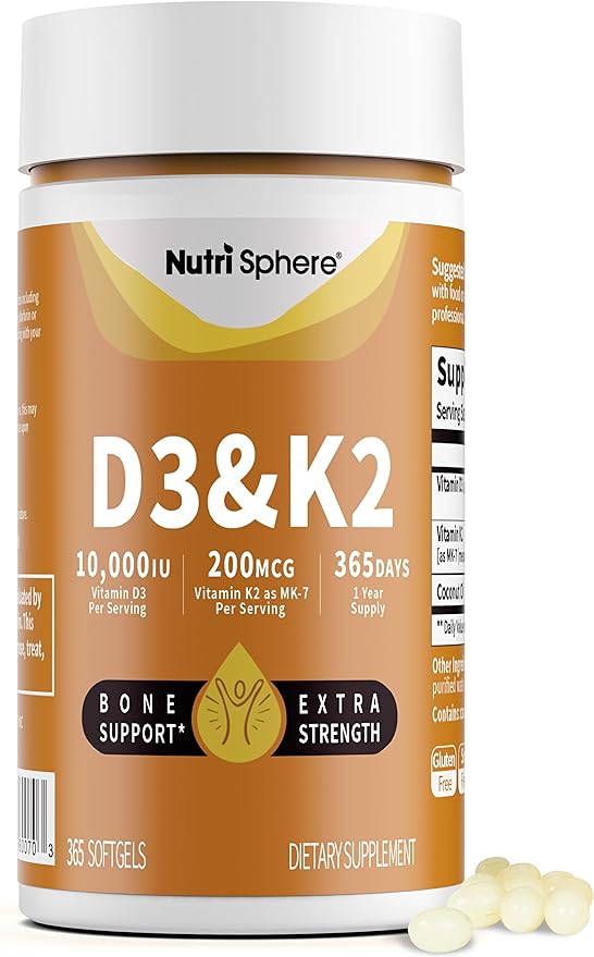 NutriSphere Vitamin D3 &amp K2 (MK-7) - 10000 IU + 200 mcg Supplement D&ampK Easy to Swallow Supports Calcium Absorption - 365 Softgels (1 Year Supply)