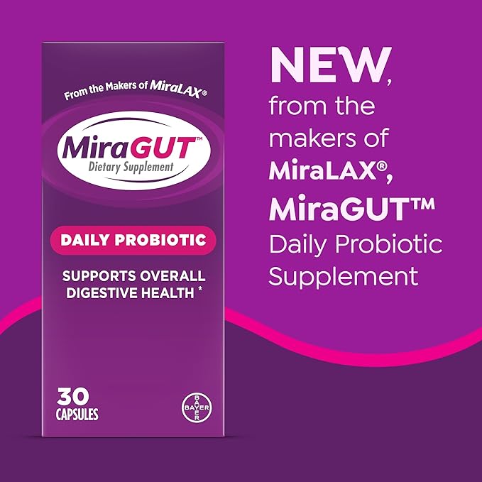 from The Makers of MiraLAX MiraGUT Daily Probiotic Probiotics for Digestive Health Gluten-Free Supplement Probiotic for Women and Men Support Overall Digestive Health 30 Ct