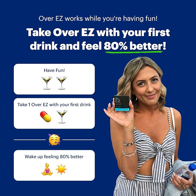 OVER EZ Pre-Drink Supplement - [$1.30 x Serving] Party Recovery &amp Prevention Pills for a Night Out &amp Better Mornings Milk Thistle Amino Acids Vitamin Bs (30 Servings)