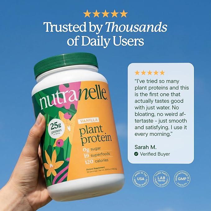 Nutranelle Vanilla Protein Powder - 25g Vegan Protein Powder with Greens - Unsweetened &amp Gluten Free Plant Based Protein - Gluten Free Nutrition Made in USA - Perfect for Smoothies Shakes &amp R