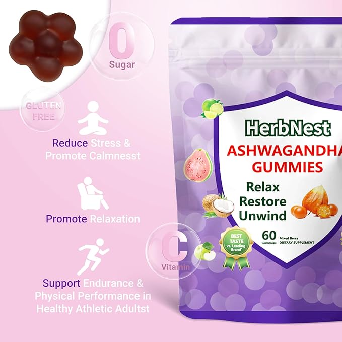 Ashwagandha Gummies &amp Vitamin D Gummy for Men &amp Women Tropical Flavor Vegan Non-GMO &amp Gluten Free Supplement 60 Count （ Individually Wrapped）
