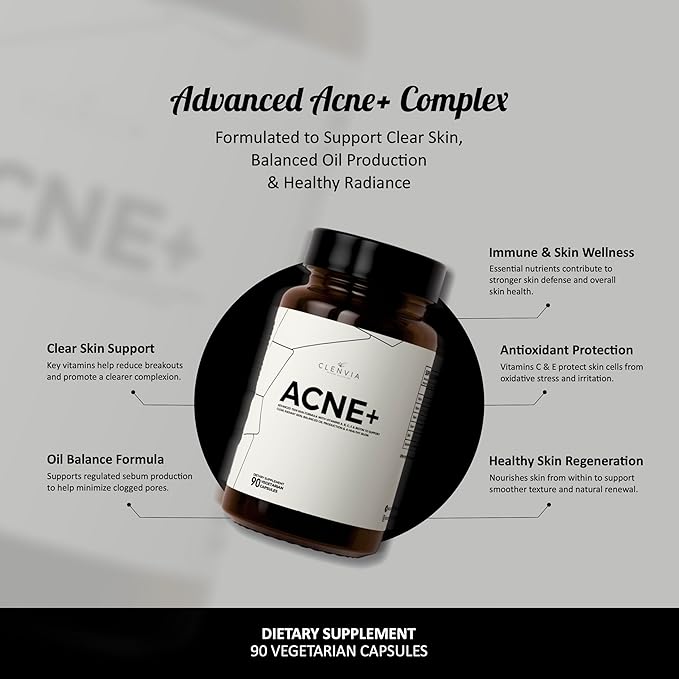Acne+ Teen Skin Supplement – Vitamins A C E B Biotin &amp Pantothenic Acid – Supports Clear Skin Balanced Oil Production &amp Healthy Glow – 90 Vegetarian Capsules