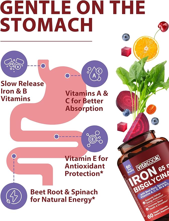 Iron Supplement for Women Men High Potency Iron 65mg with Vitamin C &amp 9-in-1 65mg Ferrous Bisglycinate Chelate with Vitamin A C E B6 B12 Folate
