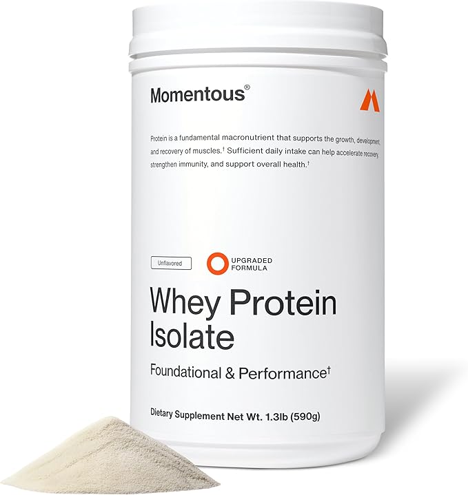 Momentous Essential Grass-Fed Whey Protein Powder - 20 g Whey Isolate Protein - NSF Certified for Sport - Gluten-Free - 25 Servings for Essential Everyday Use - Unflavored - Package May Vary