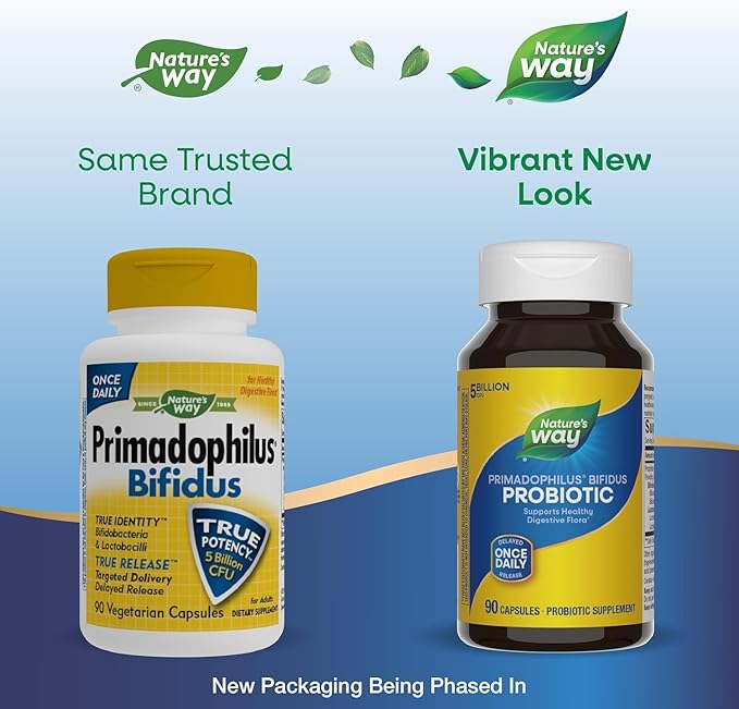 Nature's Way Primadophilus Bifidus Probiotic Supports Digestive Flora* 5 Billion Live Probiotic Cultures per Capsule Lactobacilli Bifidobacteria 90 Capsules (Packaging May Vary) - 2 Pack