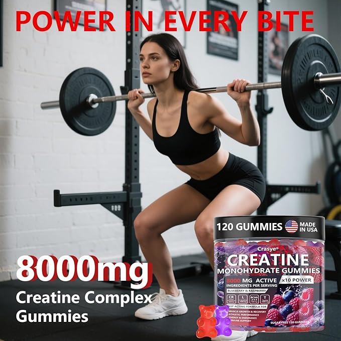 Creatine Monohydrate Gummies Complex 8000 MG for Men Women Creatine Gummy with Taurine BCAA for Energy Support and Muscle Strength Sugar Free Pre-Workout Supplement