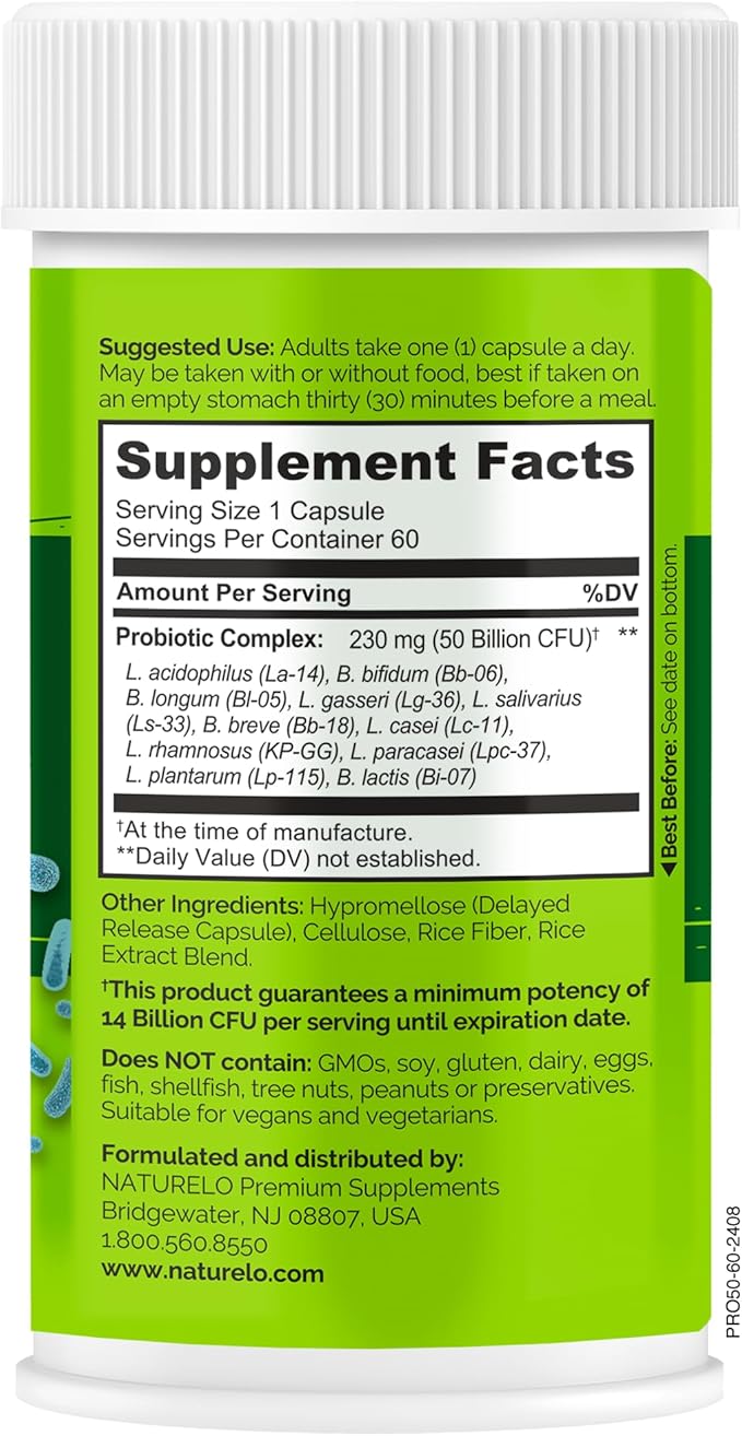 NATURELO Probiotics for Digestive Health - 50 Billion CFU 11 Strains Daily Use Supplement - Boosts Immune System Delayed Release No-Fridge 60 Vegetarian Capsules (Pack of 2)