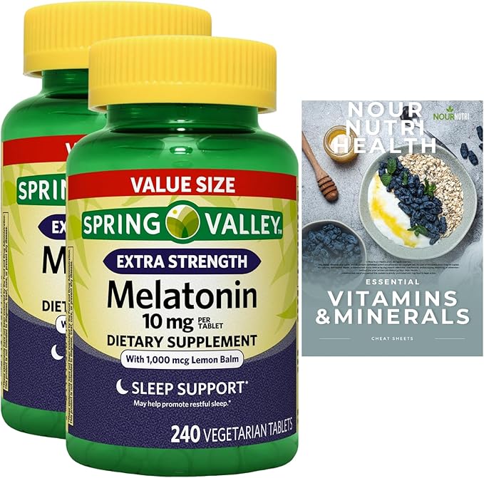 2 Pack of Extra Strength Sleep Support Melatonin Tablets Dietary Supplement Value Size 10 mg 240 Count 2 Bottle Includes Exclusive Vitamin and Mineral Guide