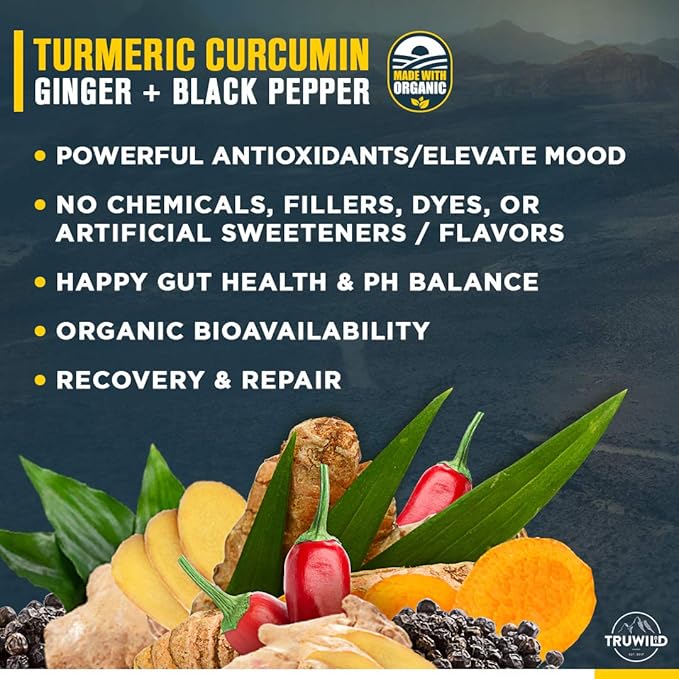 TruWild Vegan Turmeric Curcumin Drink Mix Powder with Organic Curcuminoids Black Pepper Ginger to Support Wellness and Joint Health All Natural Made in USA 20 Servings
