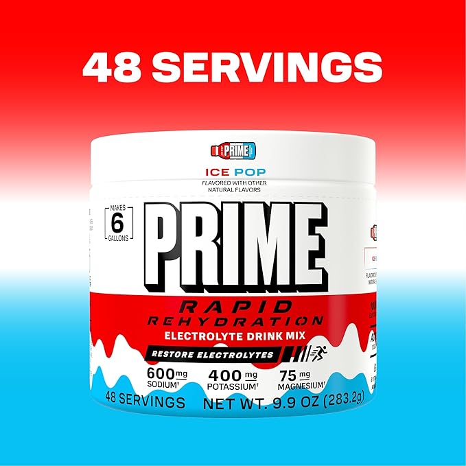 Prime Rapid Rehydration Electrolyte Powder Ice Pop Sugar Free Hydration Drink Mix with Sodium Potassium Magnesium &amp B Vitamins to Replenish Fluids Caffeine Free 6 Gallon Tub 48 SRV