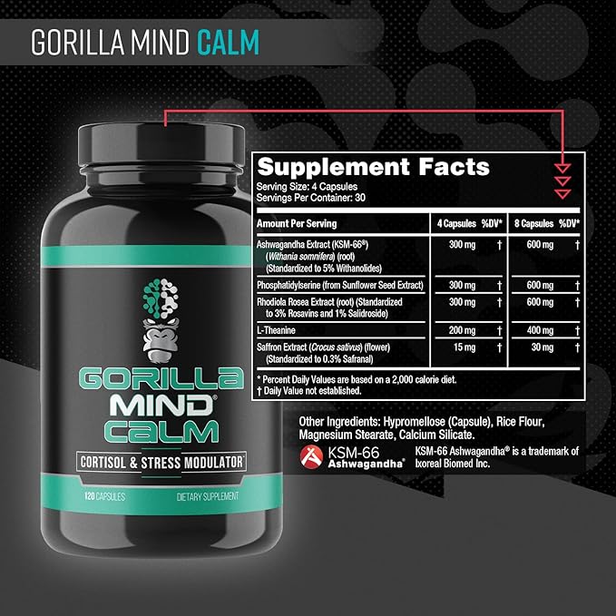 Gorilla Mind Calm (120 Capsules) - Potent Relaxation &amp Stress Reduction | Cortisol &amp Stress Modulator | Enhanced Recovery
