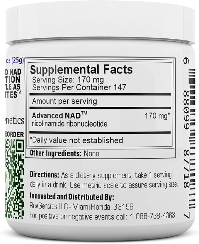 REVGENETICS Advanced NAD Powder - Dietary Supplement 147 Servings Unisex Vitamin B3 (NAD) 25 Grams