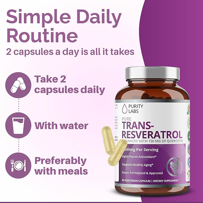 Purity Labs Trans-Resveratrol Supplement 5000 mg Equivalent per Serving with Quercetin USDA Organic High Potency Antioxidant Vegan Capsules 90 Count