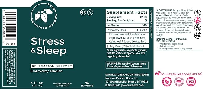 Mountain Meadow Herbs Stress &amp Sleep | Liquid Herbal Supplement for Calm Mind &amp Body | 4 oz