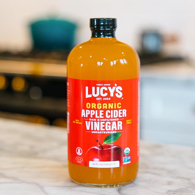 Lucy's Family Owned - USDA Organic NonGMO Raw Apple Cider Vinegar Unfiltered Unpasteurized With the Mother 34oz GLASS Bottle