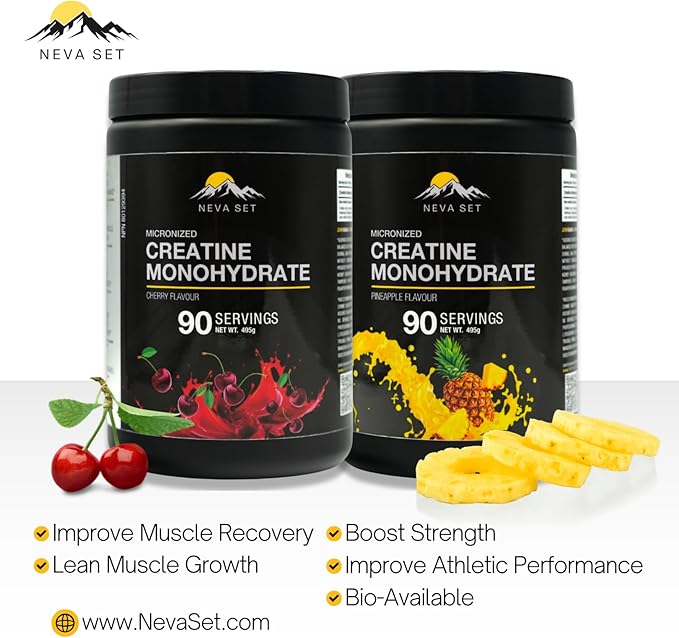 Micronized Creatine Monohydrate by NevaSet 3-Month of 5000mg Creatine Supplement for Muscle Growth Increased Strength Enhanced Energy Improved Performance Cognitive Health. Pineapple 495g