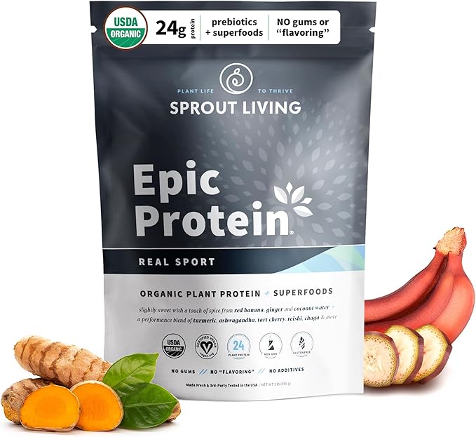 Sprout Living Epic Protein Plant Based Protein &amp Superfoods Powder Real Sport | 24 Grams Organic Protein Powder Recovery Vegan Non Dairy Non-GMO Gluten Free Low Sugar (1 Pound 12 Serving
