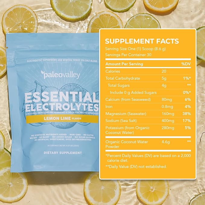 Paleovalley Essential Electrolytes Powder - Full Spectrum Lemon Lime Electrolyte Powder for Hydration Energy and Muscle Recovery - No Sugar Added - 30 Servings