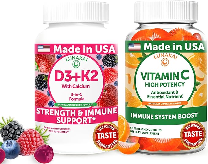 Lunakai USA Made D3+K2 with Calcium &amp Vitamin C Gummies Bundle – Vegan Non-GMO – 60 Gummies Each
