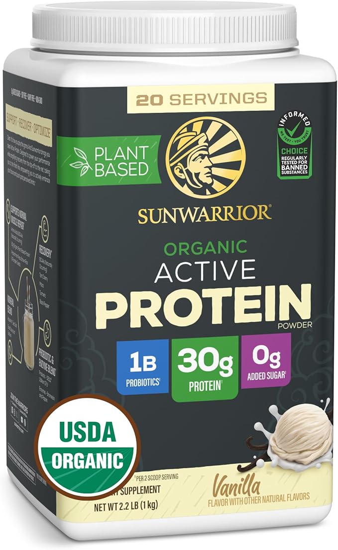 Sunwarrior Organic Plant Based Protein Powder | Vegan Organic Protein Powder with BCAA Amino Acids Plus Recovery Minerals &amp Botanicals | Non-GMO Soy Dairy &amp Gluten Free (Vanilla 20 Servings)