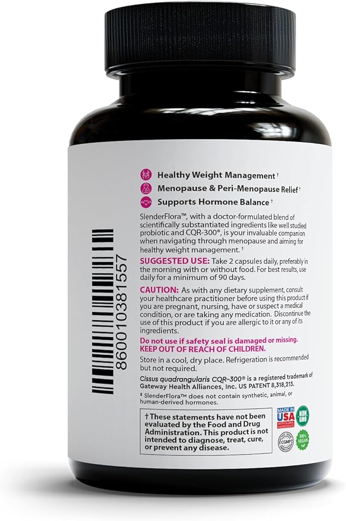 SlenderFlora - Menopause Probiotic Supplement | Weight Management Hot Flashes Night Sweats Bloating | 70 Billion CFU | Gluten Soy &amp Dairy Free | 60 Count