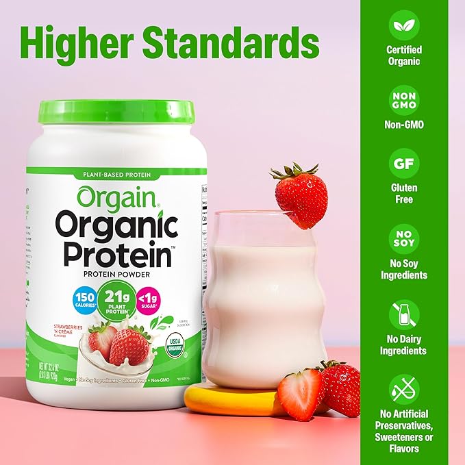 Orgain Organic Vegan Protein Powder Strawberries &amp Cream - 21g Plant Based Protein 4g Prebiotic Fiber Low Net Carb No Lactose Ingredients No Added Sugar Non-GMO For Shakes &amp Smoothies