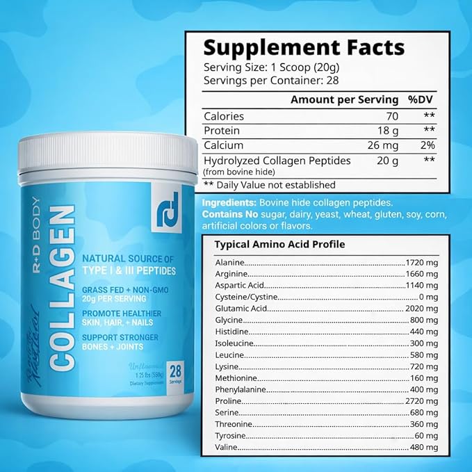 Natural Hydrolyzed Collagen Peptides Powder - Grass-Fed Type I &amp III (20g per Serving) - Supports Skin Hair &amp Nails Plus Joint &amp Bone Support - Unflavored - 28 Servings