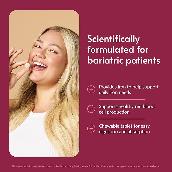 Bariatric Advantage Chewable Iron 29 mg - for Bariatric Surgery Patients - Iron with Vitamin C - No Iron Taste - Ferrous Fumarate &amp Carbonyl Iron Supplement - Passion Fruit - 180 Count