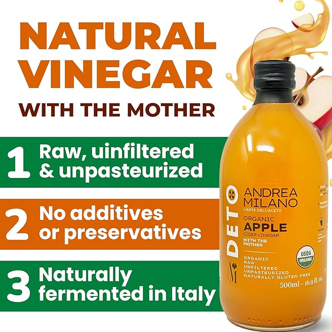 Andrea Milano Organic Apple Cider Vinegar – Raw Italian Natural Vinegar with the Mother Unfiltered Unpasteurized Non-GMO Vegan Bulk Glass Bottle (16.9 fl oz(Pack of 3))