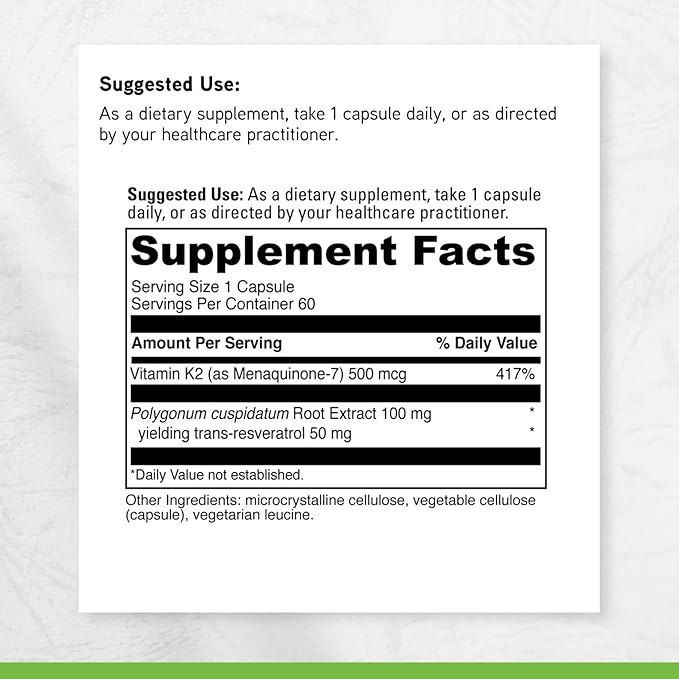 Davinci Labs Vitamin K2 &amp Resveratrol - Bone Health &amp Cardiovascular Supplement with Antioxidant Support* - Vegetarian Gluten-Free &amp Soy-Free - 60 Capsules