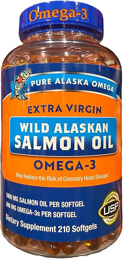 Omega3 Pure Alaskan's Extra Virgin Wild Alaskan Salmon Oil 210 Softgels 1000mg per Softgel 105 Servings New Packaging1 Pack