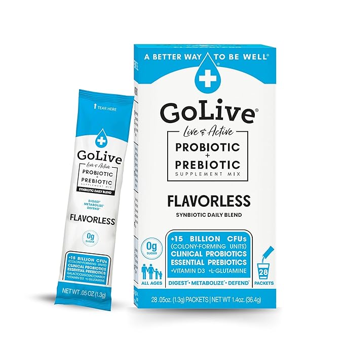 GoLive Prebiotic &amp Probiotic for Women Men Kids. Flavor-Free Sugar-Free Synbiotic Powder w/ GOS L-Glutamine Vitamin D3 Electrolytes. For Gut Health Digestion Metabolism Immunity 15-50B C