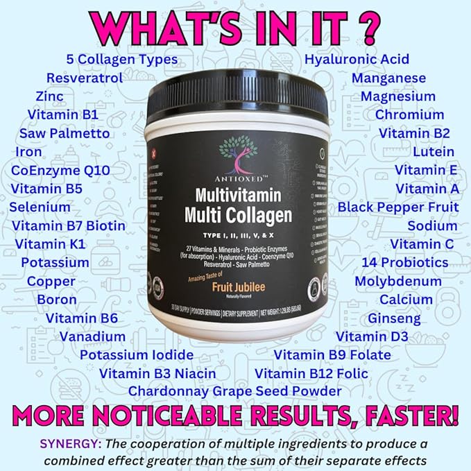 Multi Collagen Multivitamin for Women+Men Keto Skin Joint Cognitive Heart Sensual &amp Immune Health Hydrolyzed Peptides Antioxidants Probiotics No Sugar 30 Fruit Powder Servings