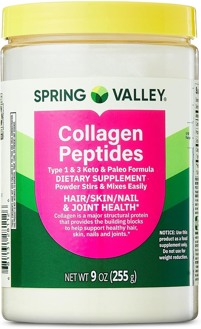 Collagen Peptides Powder 255g (9 Oz) - Hydrolyzed Protein(Type I &amp III) Keto Collagen Powder for Women &amp Men - Hair Skin and Joints by Spring Valley (Pack of 1) - Set By Basket Goods
