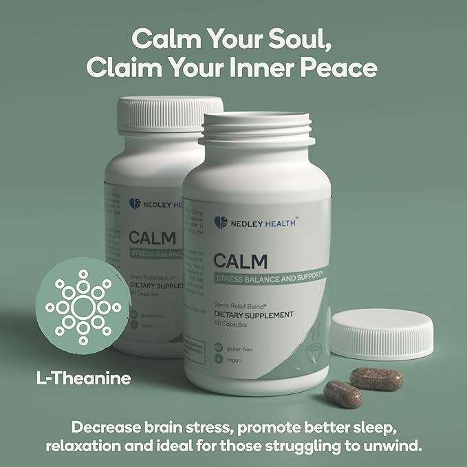 Calm - Natural Stress Relief &amp Mood Support Supplement - Ashwagandha Lemon Balm L-Theanine - 60 Vegan Capsules (Calm)