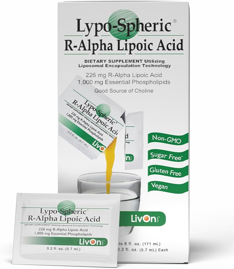 LivOn Laboratories Lypo-Spheric R-Alpha Lipoic Acid - 30 Packets - 226mg Per Packet - Liposome Encapsulated for Maximum Bioavailability - 100% Non-GMO