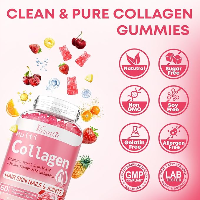 2 Pack Sugar Free Collagen Gummies for Women &amp Men | Hydrolyzed Collagen Peptides for Hair Skin &amp Nails | MultiCollagen Protein Type I II III V X with Biotin &amp Vitamin C | Strawberry Flavo