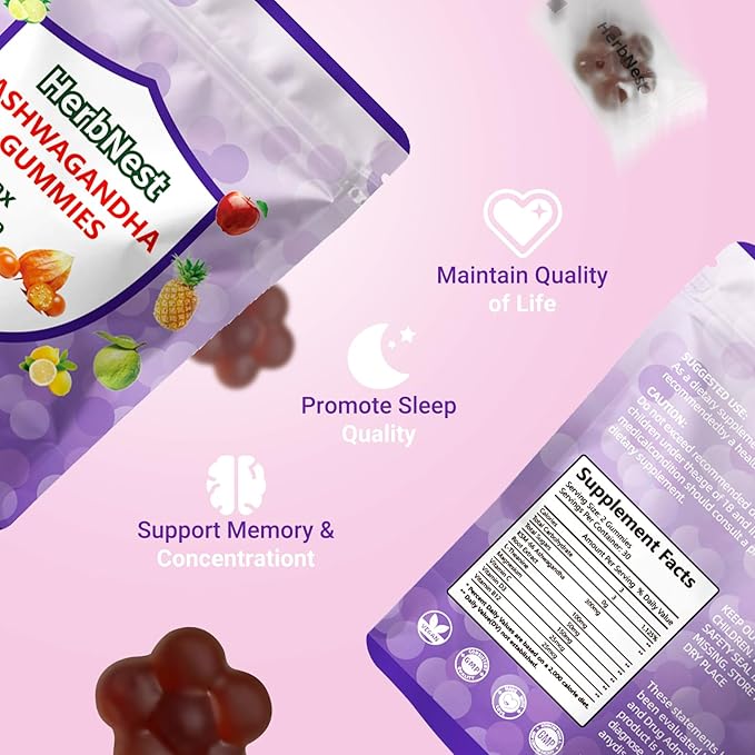 Ashwagandha Gummies &amp Vitamin D Gummy for Men &amp Women Tropical Flavor Vegan Non-GMO &amp Gluten Free Supplement 60 Count （ Individually Wrapped）