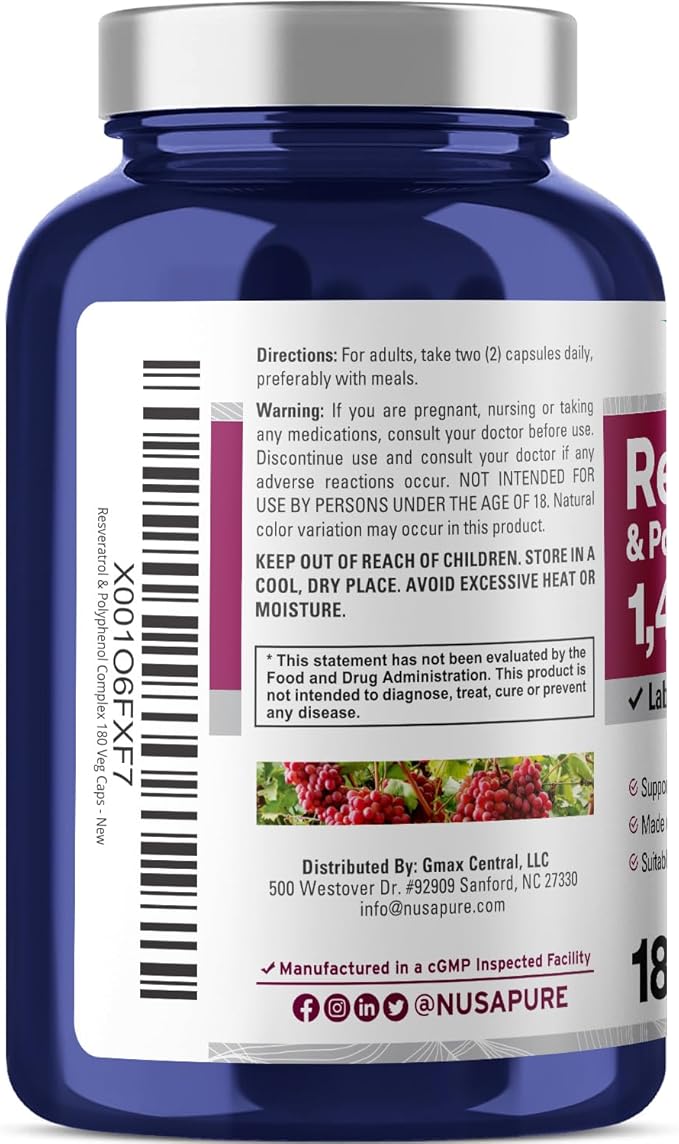 NusaPure Resveratrol &amp Polyphenol Complex 1450mg 180 Vegetarian Caps (Non-GMO Vegan) Vitamin C