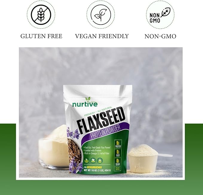 Flaxseed Protein Powder - Plant-Based Rich in Omega-3 and Antioxidants - Ideal for Post-Workout Recovery - Nutritional Boost for Smoothies &amp Baking - Non-GMO &amp Gluten-Free (16 oz / 454g)