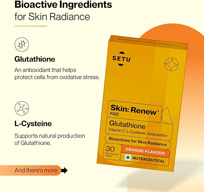 SETU Glutathione Effervescent Tablets with 500mg L-Glutathione &amp Vitamin C | Sugar-Free Antioxidant Supplement | Orange (Pack of 6)