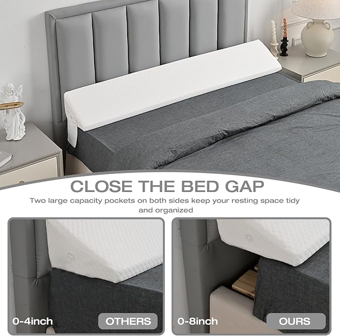 Twin Bed Wedge Pillow Headboard &amp Mattress Gap Filler Long Triangle Edge Corner Pillows 10x6x76in Dense Foam White with Pockets – Prevents Pillow/Toy Drops Bed Accessories Home Collection