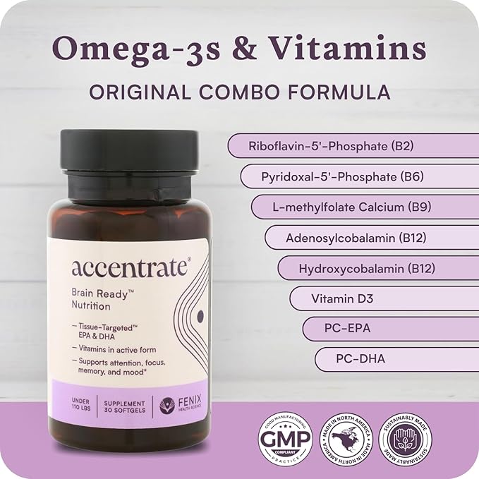 Brain Supplement for Natural Focus &amp Attention | for Kids | Active B Vitamin &amp Omega-3 Combo | Vitamin B Complex w/Omega 3 Fatty Acids EPA &amp DHA | Omega-3s in Small Pill | L-MTHF B12 P5P