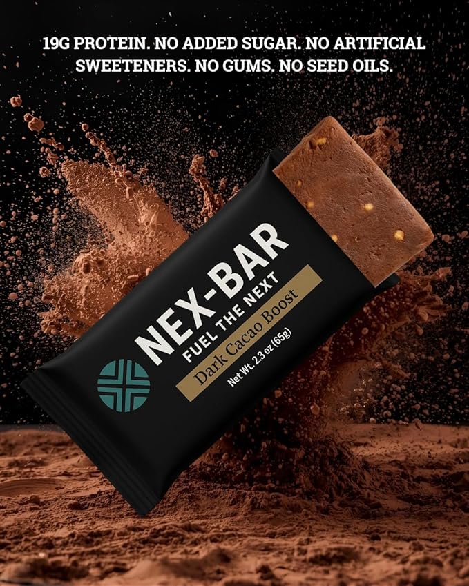 NEX-BAR Dark Cacao Boost Protein Bars - 8 Pack (19G Protein) No Added Sugar No Artificial Sweeteners