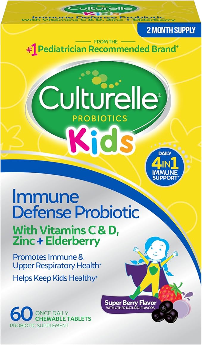 Culturelle Immune Defense Probiotic with Vitamin C Vitamin D and Zinc + Elderberry Non-GMO 4-in-1 Immune Support for Kids Ages 3+* Mixed Berry Chewables 60 Count