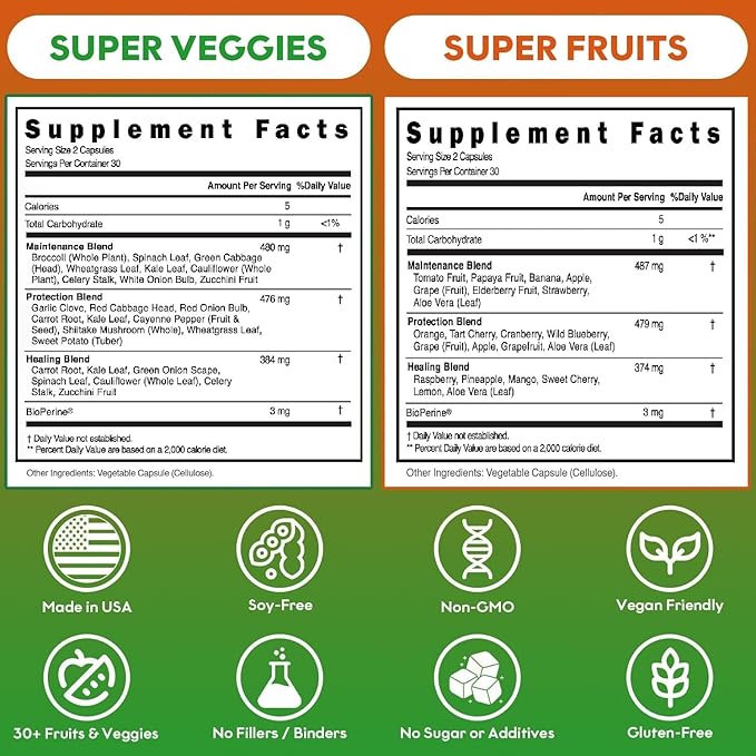 Fruits and Veggies Supplement (30 Day Supply) Powerfull Blend of 39 Whole Fruits and Veggies Fills Nutritional Gaps Get Energy Well-being. USA Made Non-GMO/Vegan/Gluten Free. Packaging May Vary