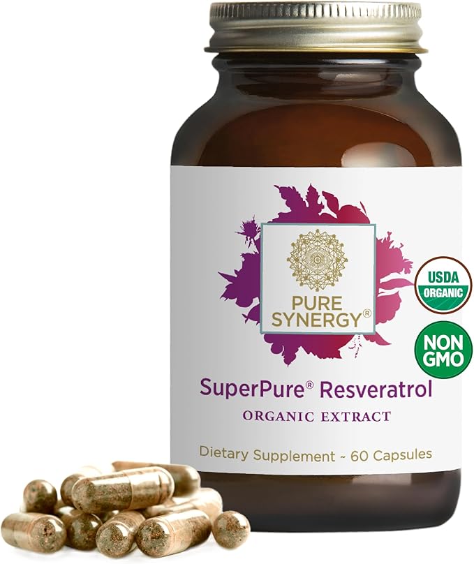 PURE SYNERGY SuperPure Resveratrol Extract | Organic Resveratrol Supplement | Antioxidant Trans-Resveratrol Extract with Grape Polyphenols | for Healthy Aging Heart and Skin Health (60 Capsules)
