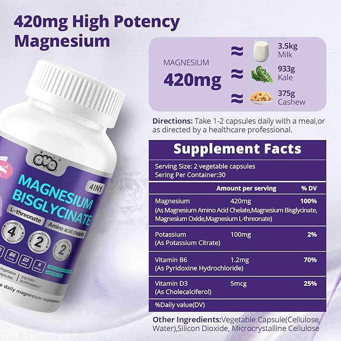420 Mg Magnesium Bisglycinate L-Threonate Amino Acid Chelated Supplement with Vitamin and Potassium High Absorption Formula for Muscle Relaxation Bone &amp Joint Support Magnesium Complex Capsules(18